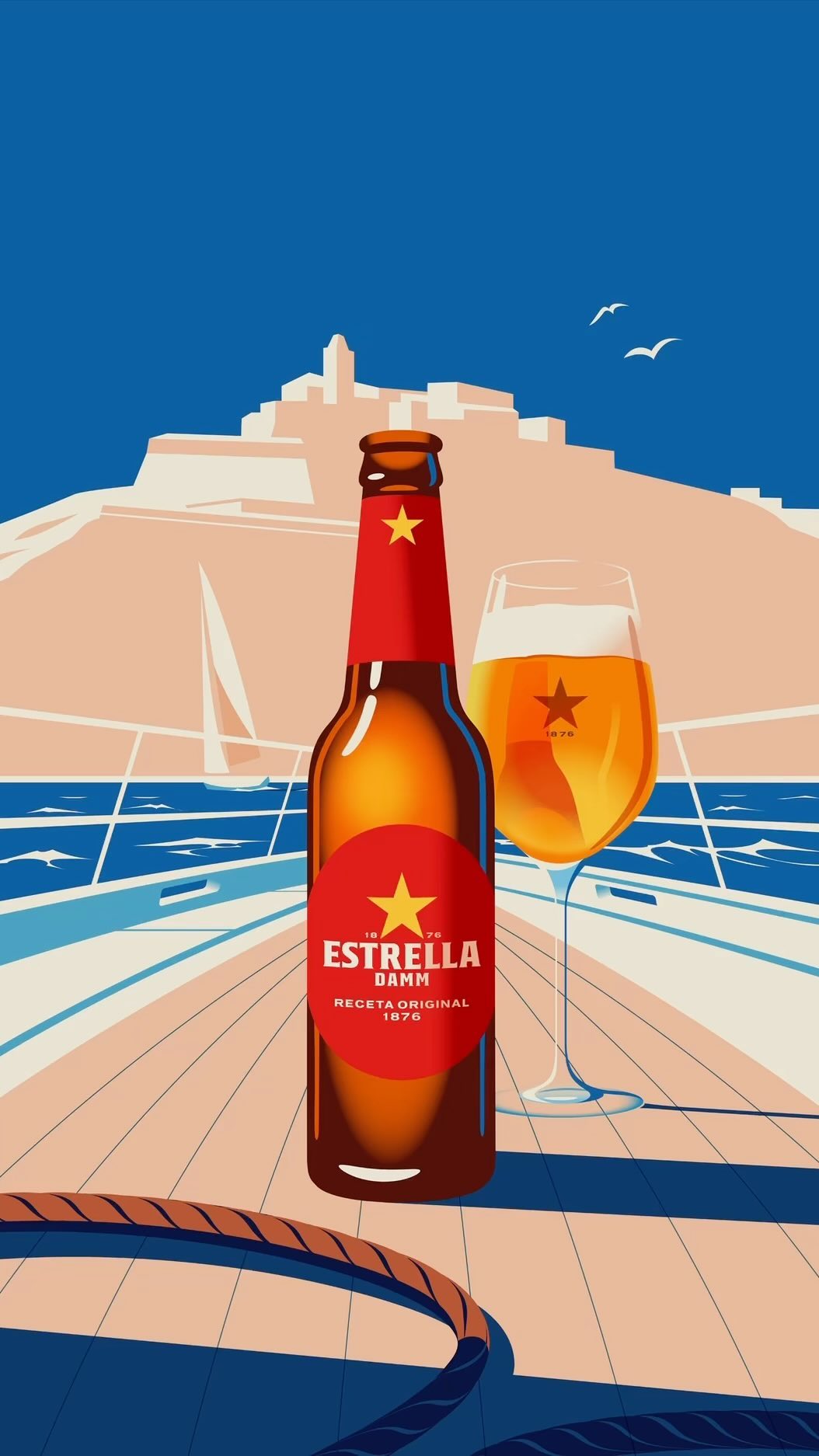 Estrella Damm beer bottle and glass on a boat with a cityscape and birds in the background, presented in an illustration.