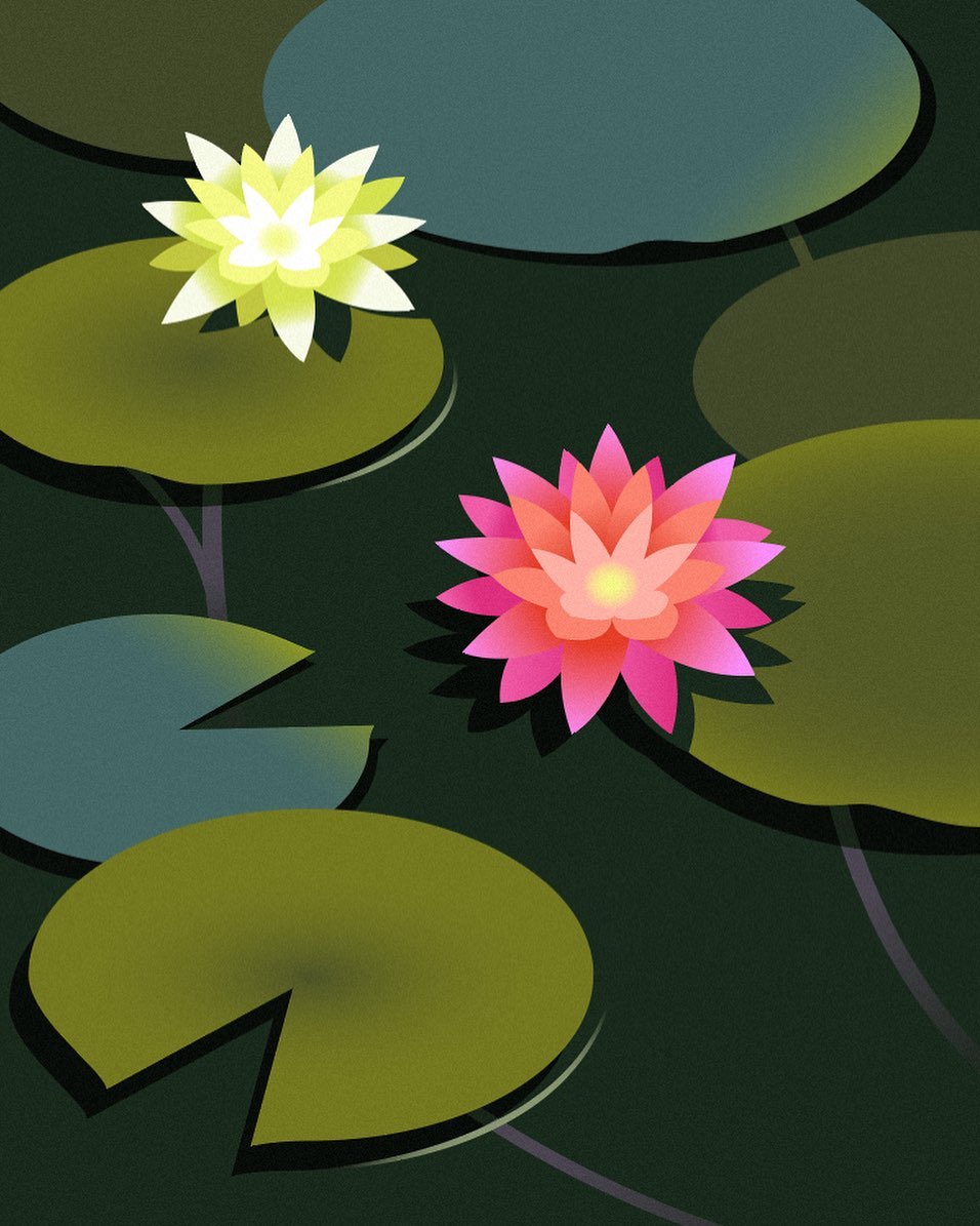 Digital illustration of two stylized water lilies, one pink and one yellow, surrounded by green lily pads in a pond.