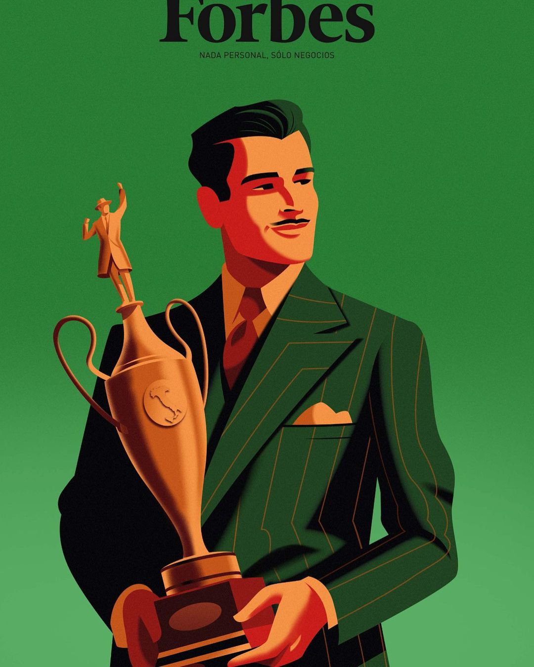 Illustration of a man in a suit holding a trophy against a green background, with the Forbes logo visible at the top.