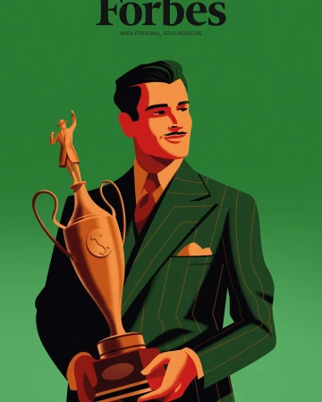 Illustration of a man in a suit holding a trophy against a green background, with the Forbes logo visible at the top.