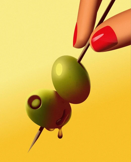Illustration of a hand with red nails holding a toothpick skewering green olives, set against a smooth yellow gradient background.