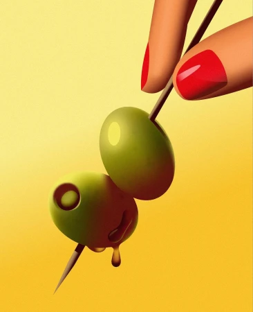 Illustration of a hand with red nails holding a toothpick skewering green olives, set against a smooth yellow gradient background.