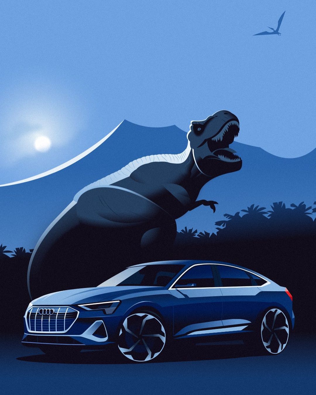 Illustration of a blue Audi e-tron car with a Tyrannosaurus Rex in the background under a blue sky with a flying dinosaur.