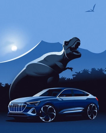 Illustration of a blue Audi e-tron car with a Tyrannosaurus Rex in the background under a blue sky with a flying dinosaur.