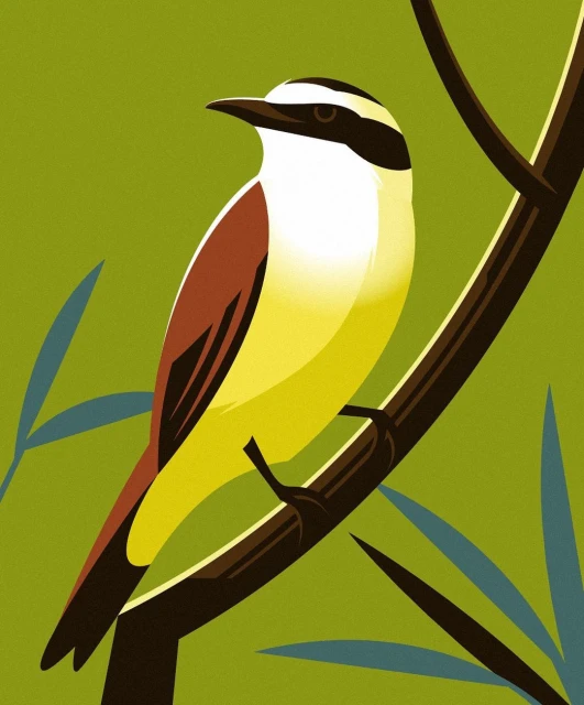 Illustration of a Bem-te-vi bird perched on a branch against a green background with teal leaves, showcasing artful graphic design.