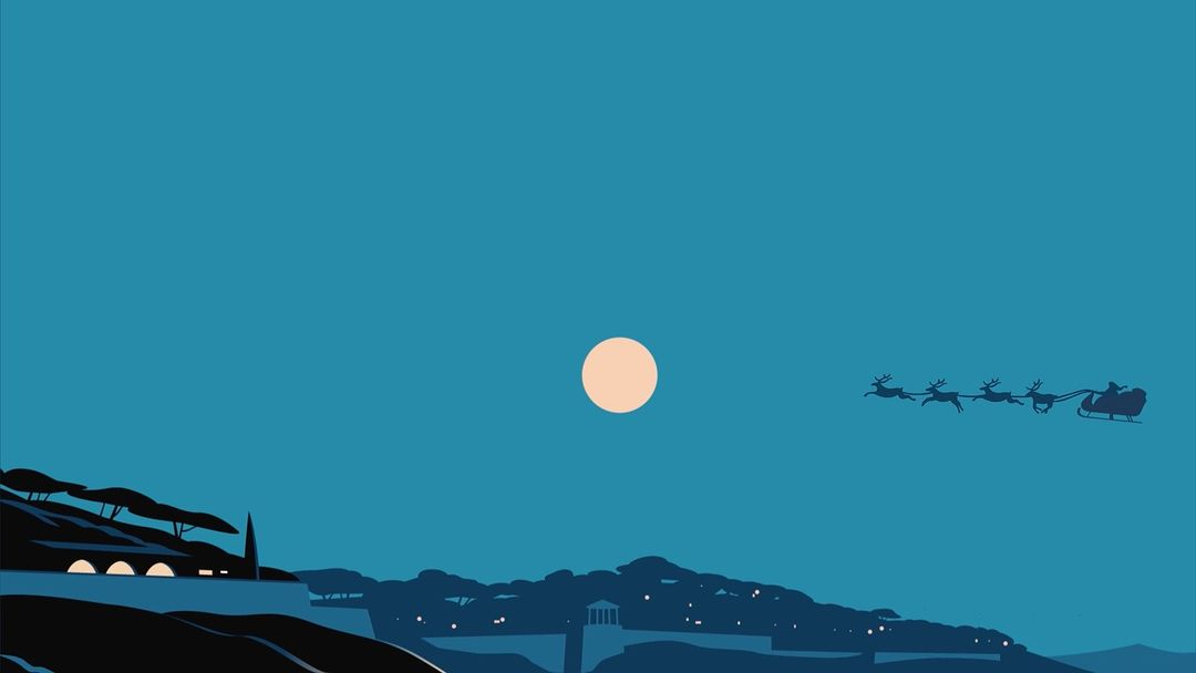 Illustration of Santa's sleigh flying across a dark blue sky with a full moon, above silhouetted hills and buildings at night.
