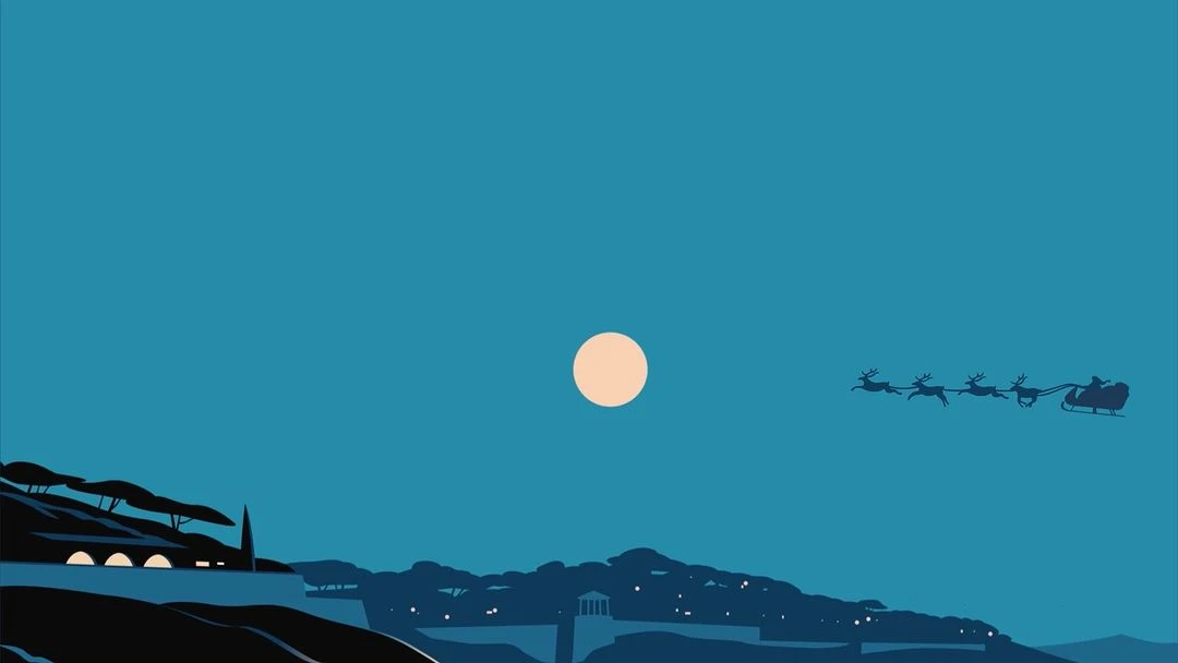 Illustration of Santa's sleigh flying across a dark blue sky with a full moon, above silhouetted hills and buildings at night.