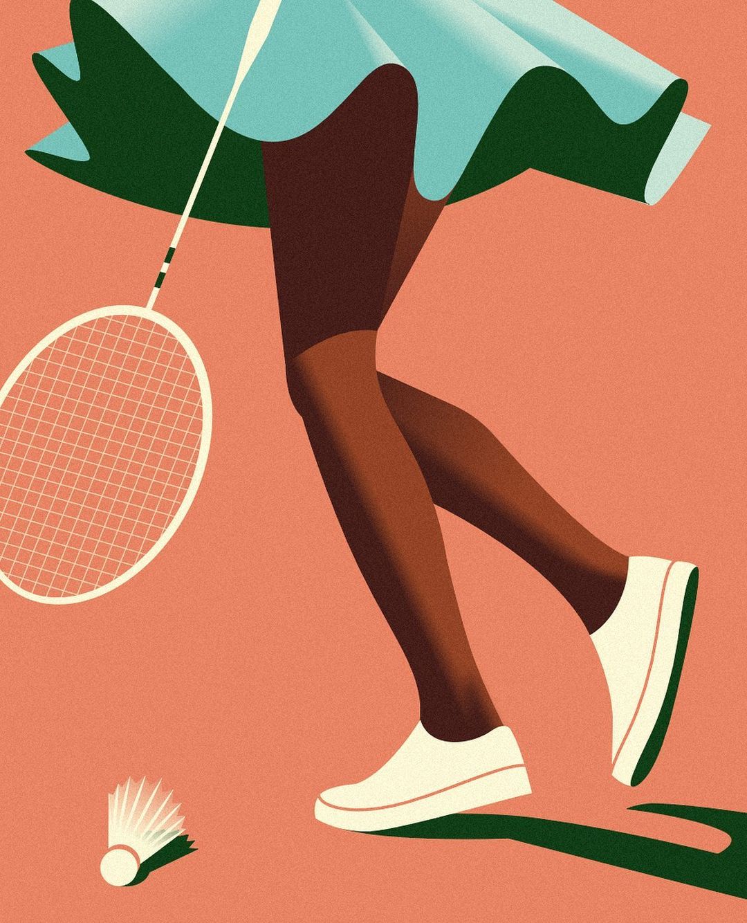 Illustration of a woman with brown skin wearing white sneakers, a light blue skirt, holding a badminton racket on a coral backdrop.