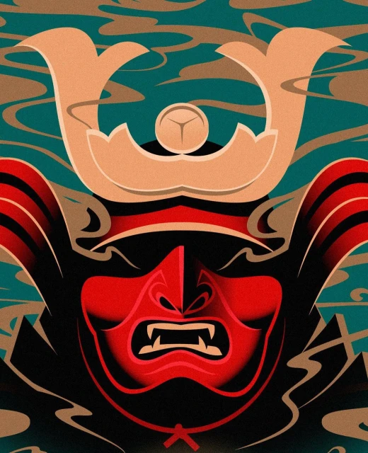 Illustration of a red and black samurai mask with a light-orange helmet against a teal wave pattern background, vector art.