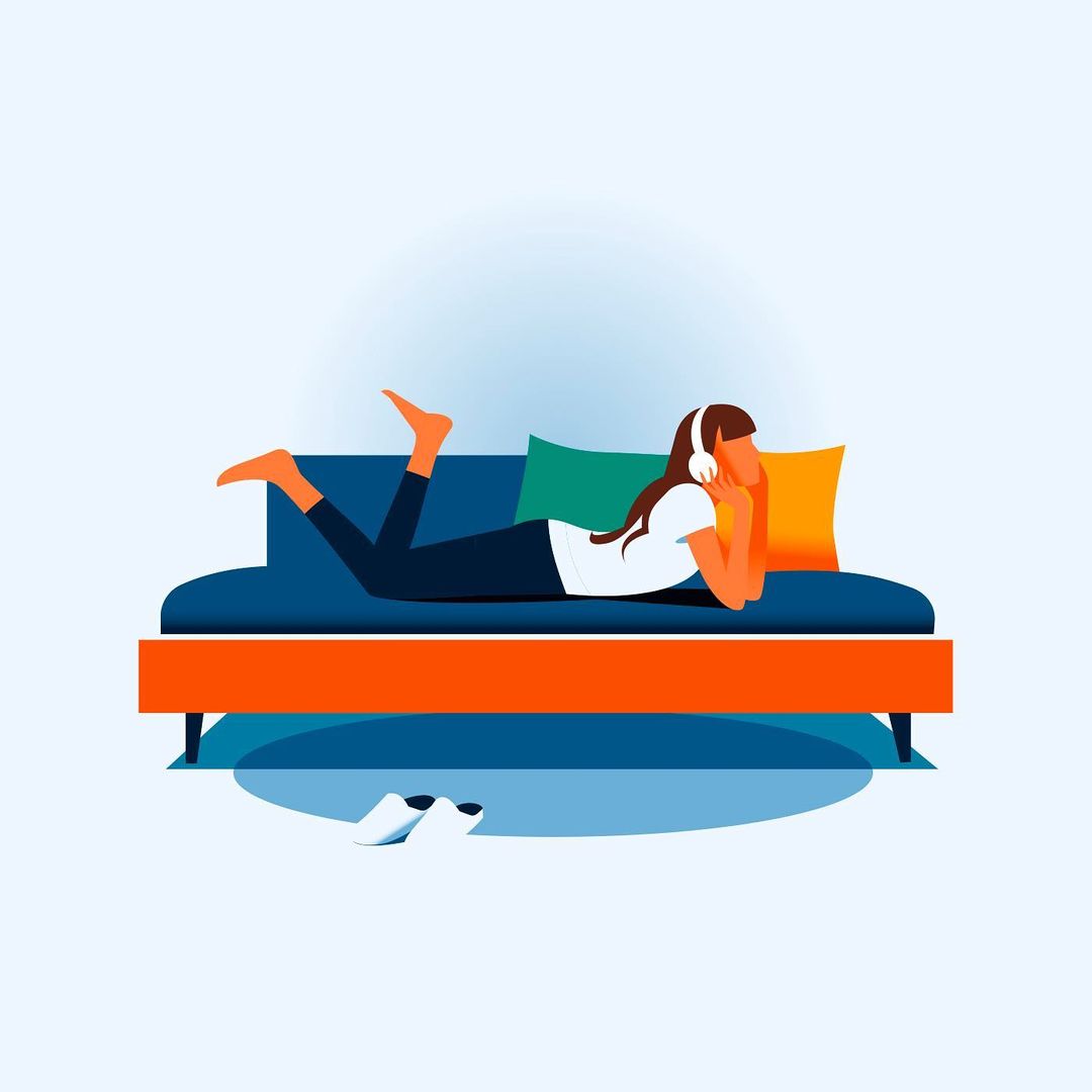 Illustration of a woman lying on a blue and orange couch, wearing headphones and a white shirt, with slippers on the floor.