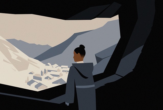 Illustration of a woman looking out at a valley village from a dark cave entrance with snowy mountain peaks in the background.