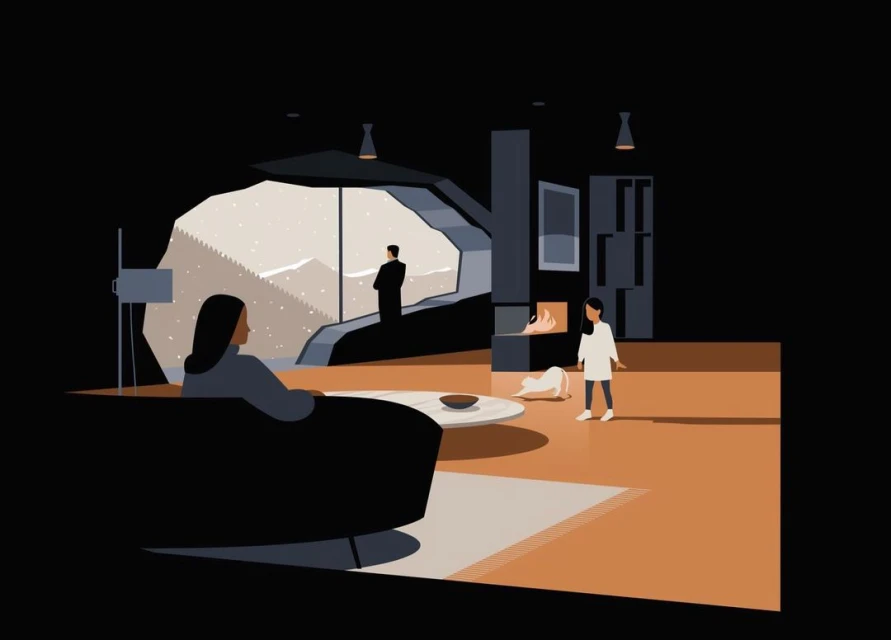 Illustration of modern home interior with minimalist furniture, a woman on sofa, and a child standing in front of a large window view of snowy mountains.