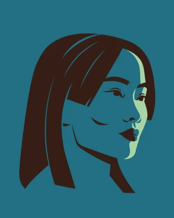 Illustration of a woman's face in profile, featuring a graphic style with flat, dark-brown hair and blue skin tones on a blue background.