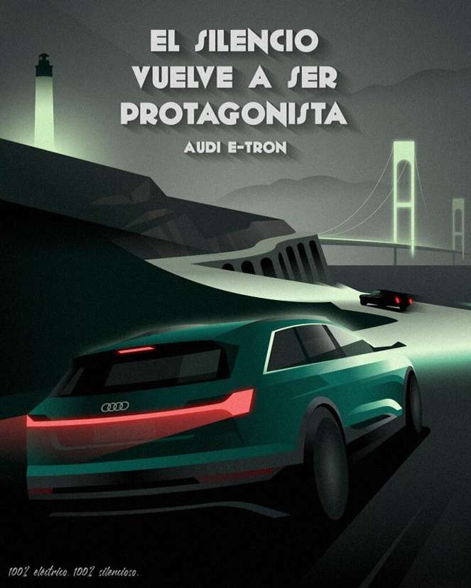 Illustration of a green Audi e-tron SUV driving on a winding road with a lighthouse and suspension bridge in the background.