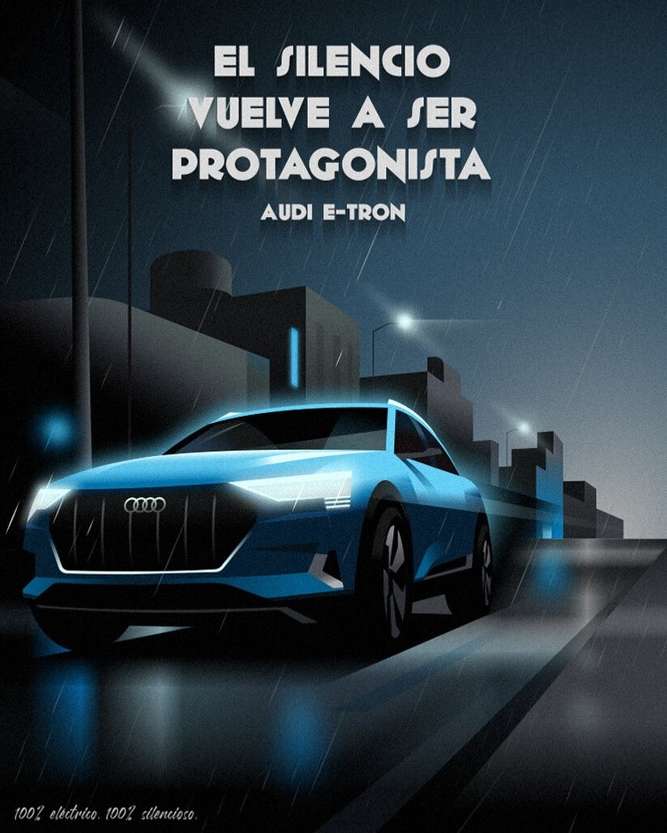Illustration of a blue Audi e-tron electric car on a city street at night with rain. The car has headlights and is reflected in the wet asphalt.