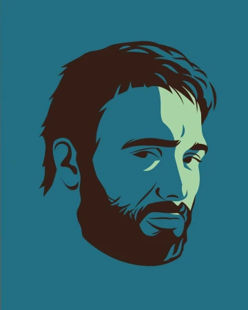 Vector illustration of a bearded man's face in profile by Ricard Jorge, rendered in shades of blue and green.