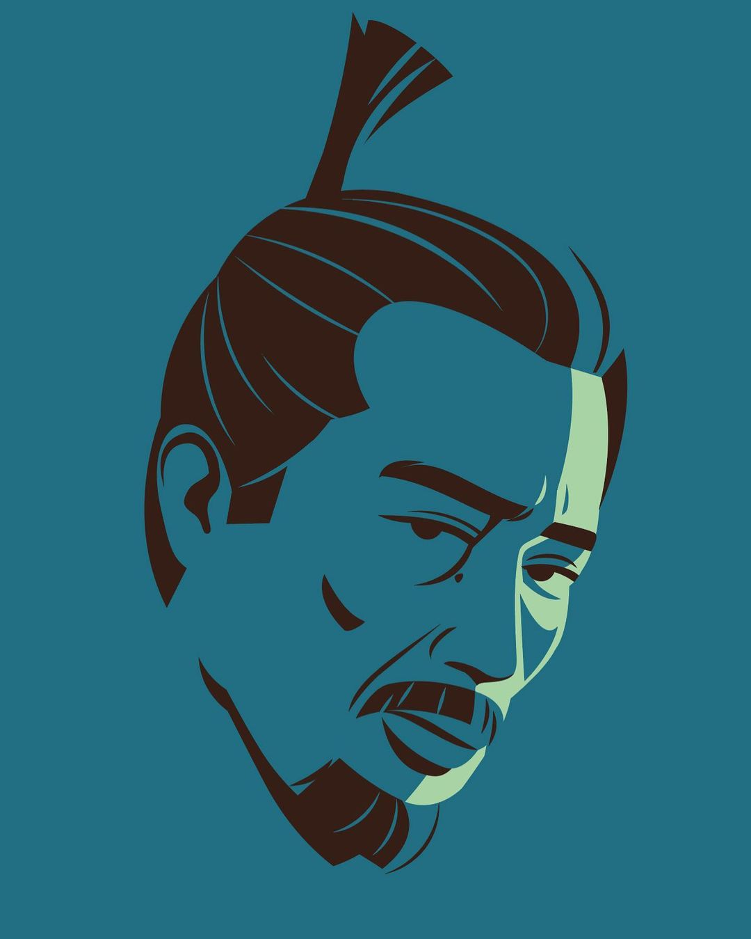 Illustration of an adult male with a topknot hairstyle, featuring stylized facial features and shadows on a teal-colored backdrop.