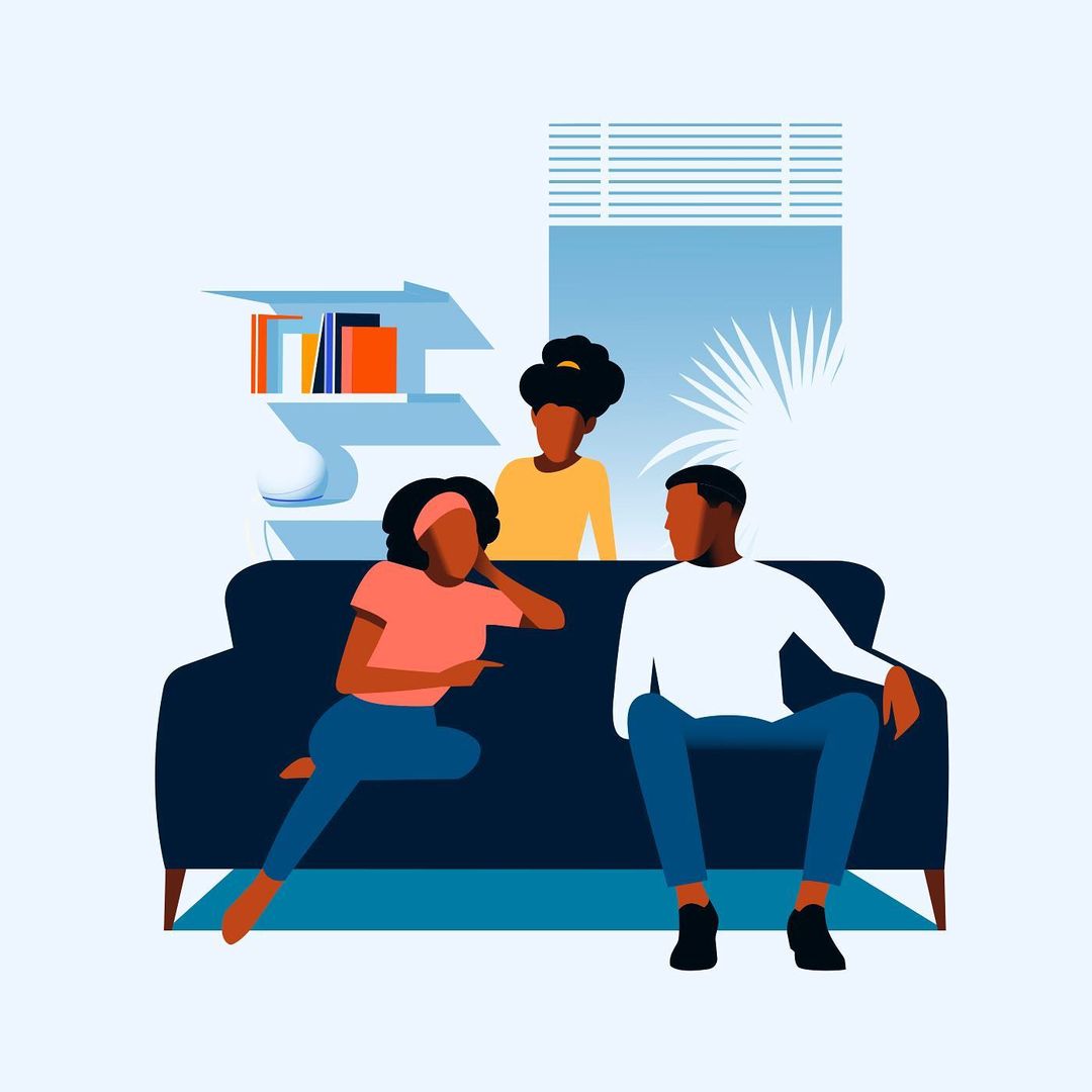 Illustration of three people sitting on a blue couch in a room with light blue walls, books on shelves, and a palm plant.