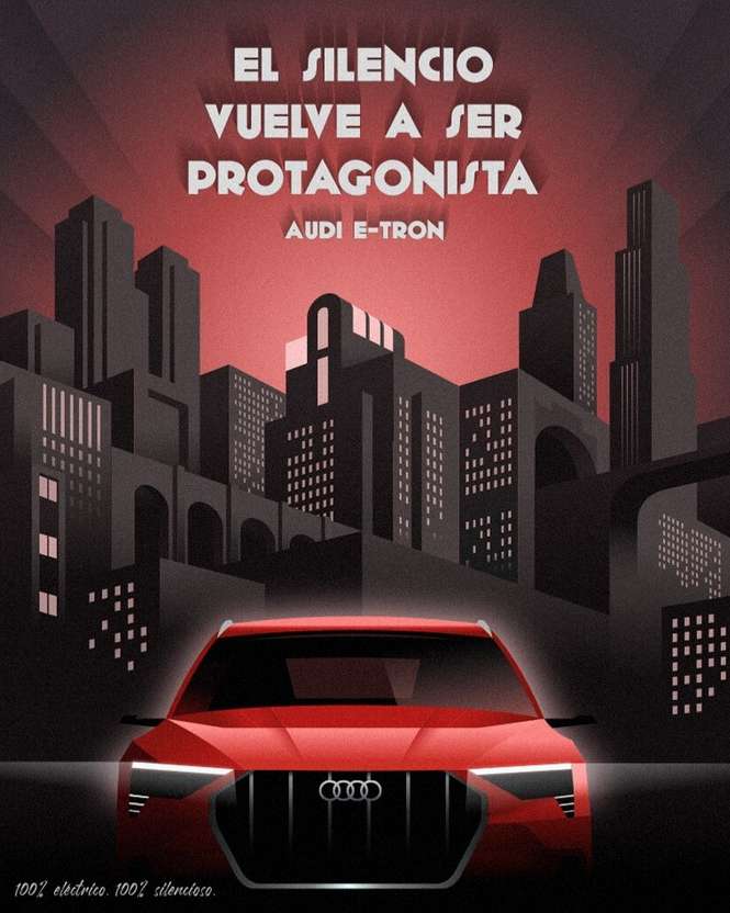 Illustration of a red Audi e-tron in a city environment with dark buildings, promoting its electric car line 'El Silencio Vuelve a Ser Protagonista'.