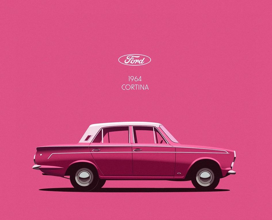 Illustration of a pink 1964 Ford Cortina car with a white roof and chrome trim, set against a solid pink background with Ford branding.