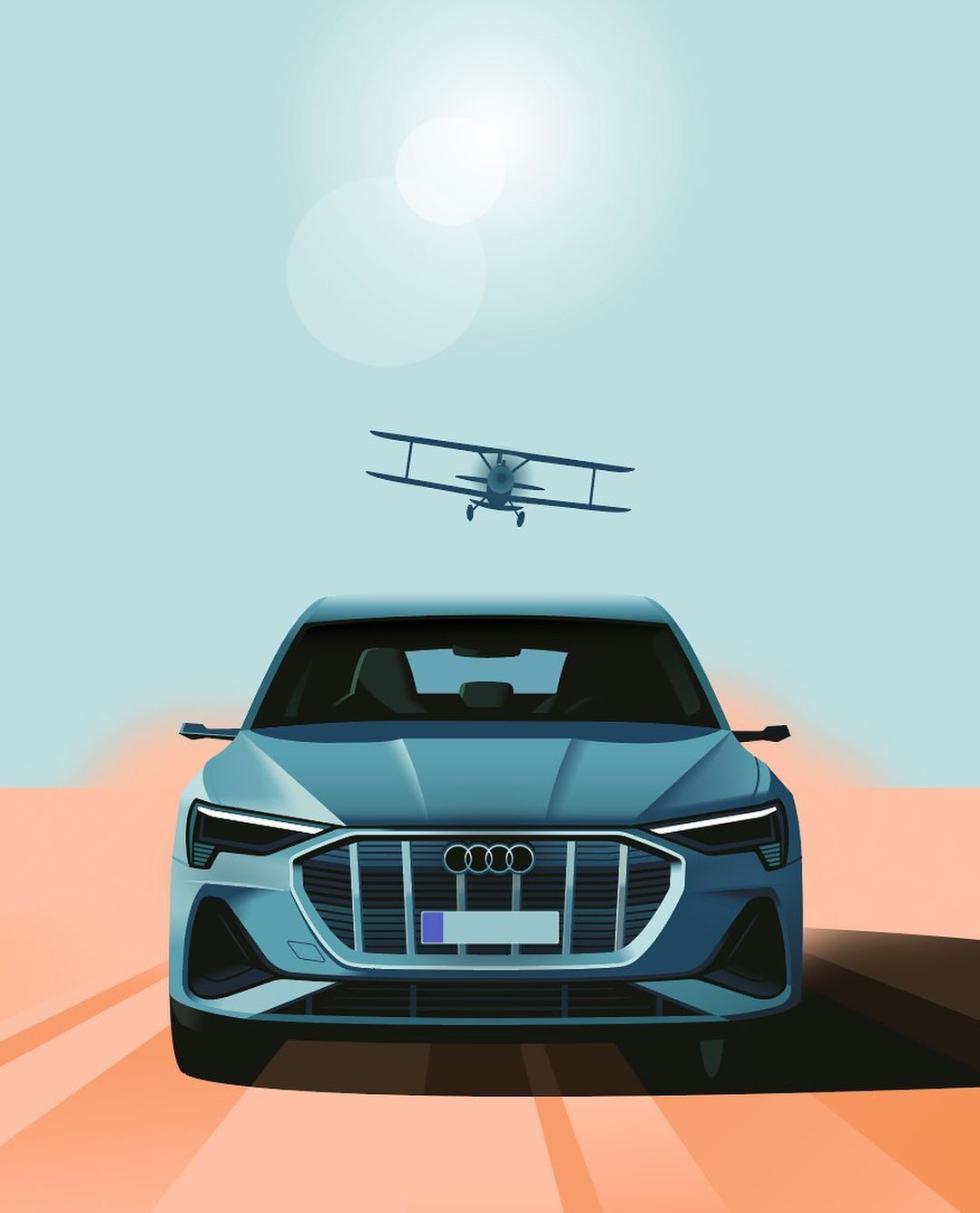 Illustration of a blue Audi e-tron driving toward the viewer with a biplane flying above, set against a pale blue sky and peach-colored ground.