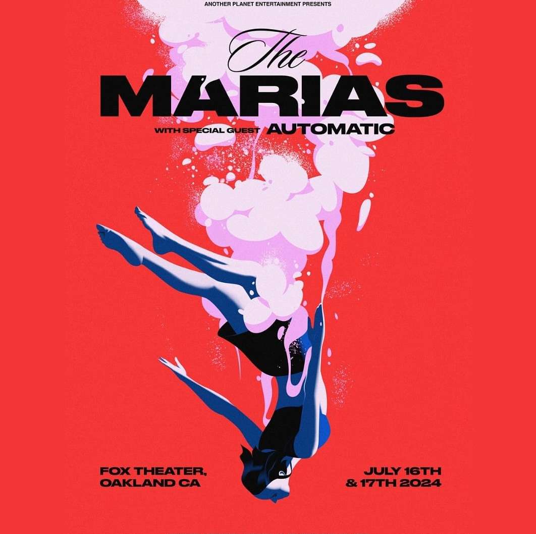 Illustration of a woman diving, promoting The Marias concert at Fox Theater in Oakland, CA. Show dates are July 16th & 17th 2024.