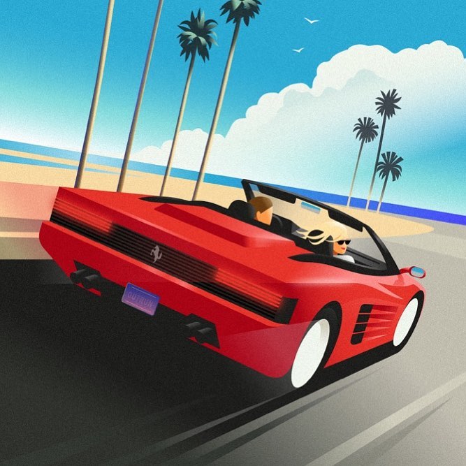 Stylized illustration of a red convertible driving on a coastal highway with palm trees, blue sky, and an ocean background.