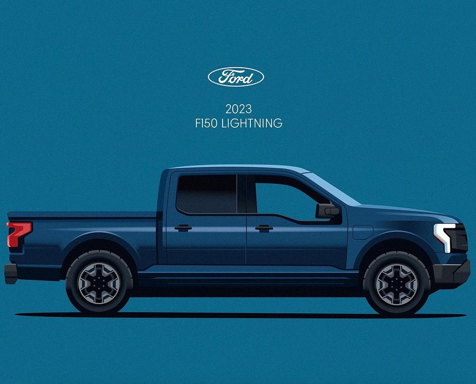 Illustration of a blue 2023 Ford F-150 Lightning electric pickup truck against a blue background with the Ford logo and text.