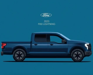 Digital illustration of a blue Ford F150 Lightning electric truck in profile view against a solid blue background.