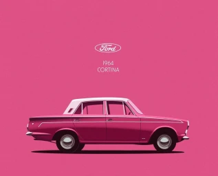 Digital illustration of a pink and white vintage Ford Cortina car centered against a solid pink background with typography