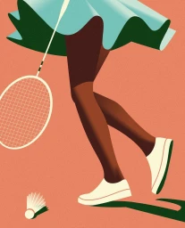 Illustration by Ricard Jorge showing a person playing badminton with a racket and shuttlecock against a warm coral background.
