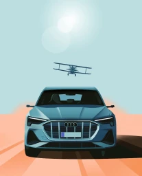 Digital illustration of a blue electric car front view with a biplane flying overhead against a pale sky and orange ground