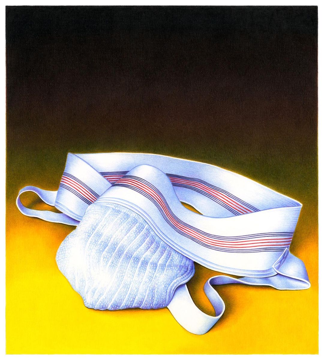 Illustration of a white athletic supporter with red stripes on a yellow background, created with drawing and painting techniques.