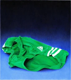 A crumpled green Adidas athletic shorts illustration by Ricardo Fumanal against a dark blue gradient background.