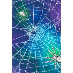 Illustration of jewel-encrusted spiders crawling on a glowing white web against a blue and purple gradient background.