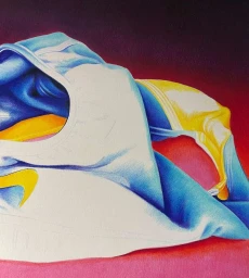 Detailed color pencil drawing of folded blue, white, and yellow garments against a gradient red and purple background.