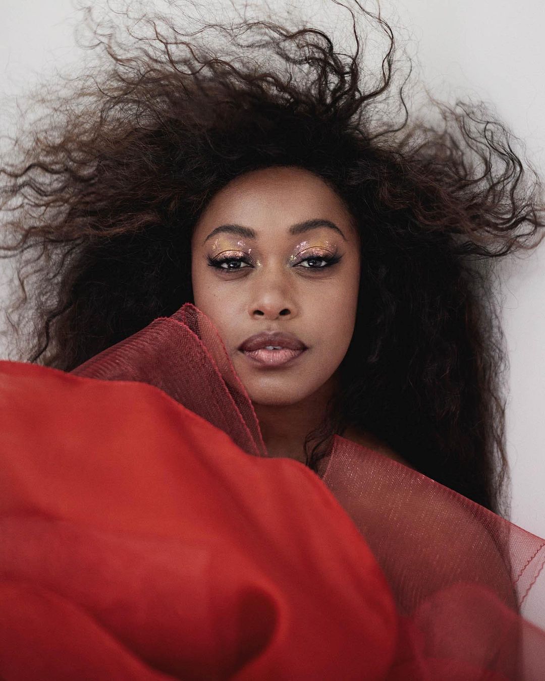 Close-up of a black woman with gold glitter makeup lying down, showcasing her natural afro hair and sheer red fabric around her neck.