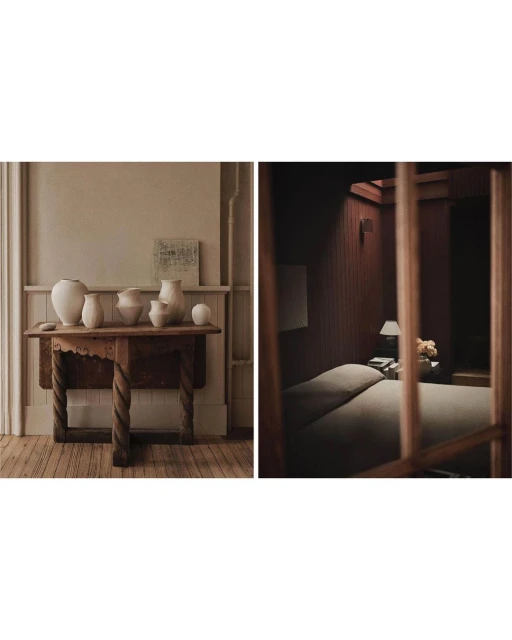 Interior design featuring a rustic wooden table with vases in a bright room and a cozy bedroom in a dark room.