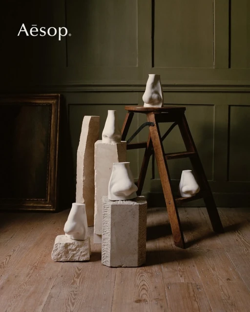 Still life of nose-shaped vases on stone pedestals and wooden ladder against a green wall with an ornate frame and wooden floor.