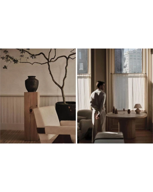 Interior shot with a man standing by a window, juxtaposed with a still life featuring a dark vase, plant, and modern chair.