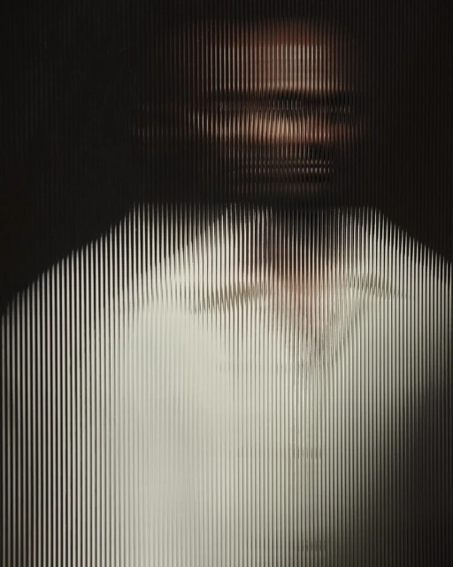 Abstract portrait of a person behind a textured glass or plastic screen, with light filtering through and creating an obscured view.