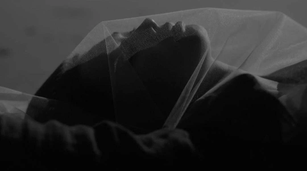 Monochromatic portrait of a woman lying down covered with a sheer veil, bathed in soft light, creating a serene and artistic mood.
