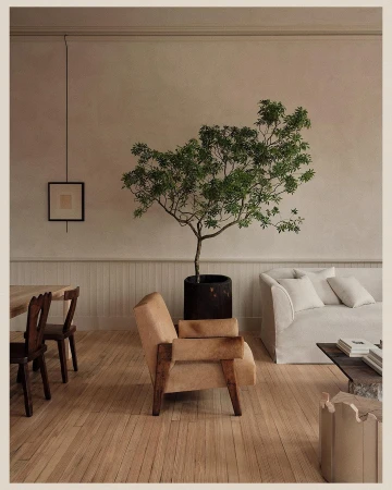 Living room featuring a neutral-toned armchair, potted tree, white couch, wooden floor, and natural light, creating a warm and inviting atmosphere.