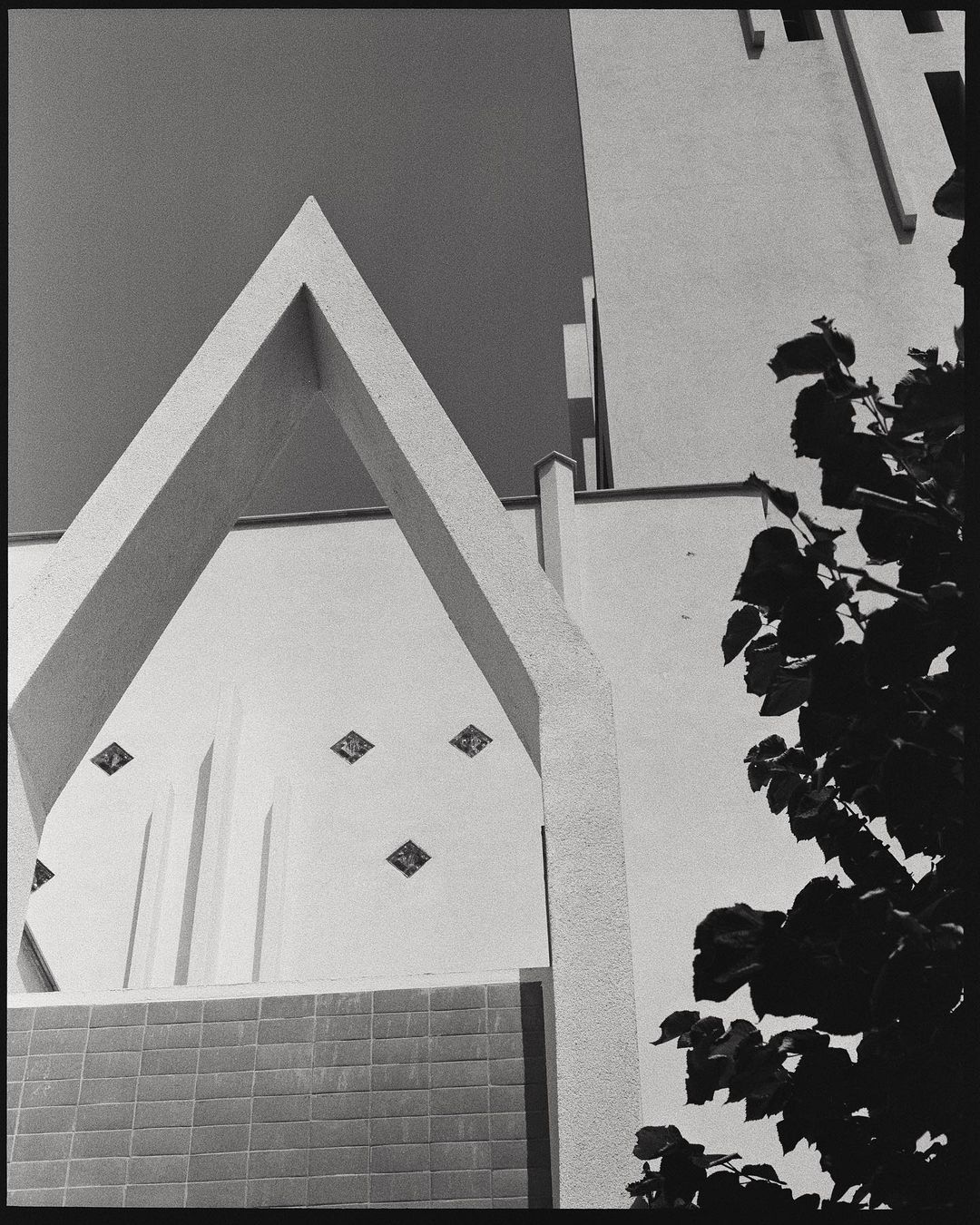 Architectural shot in black and white featuring a white building with a unique triangular design element and surrounding tree foliage.