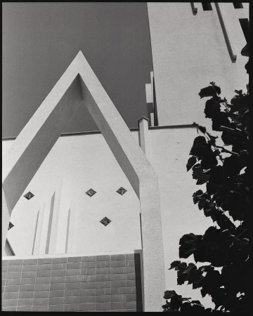 Architectural shot in black and white featuring a white building with a unique triangular design element and surrounding tree foliage.