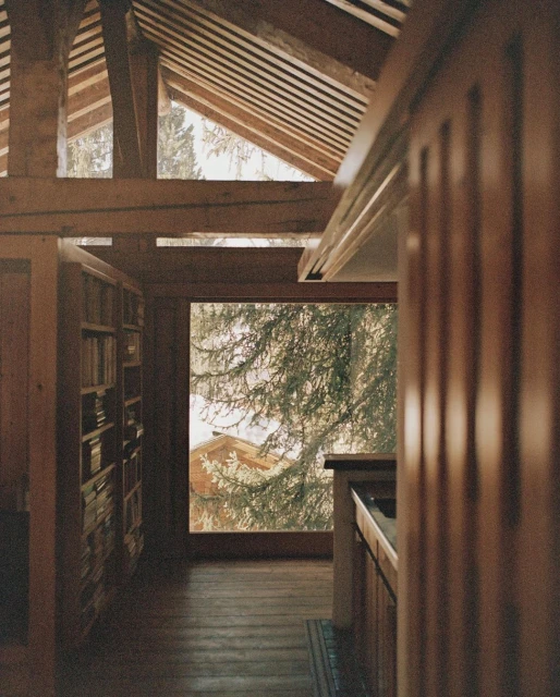 Interior view of a home showcasing wood ceiling beams, a large window with a tree outside, and shelves filled with books.
