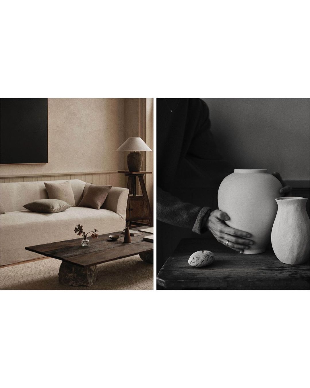 Monochromatic indoor interior scene featuring two ceramic vases being held by a person, with a neutral-toned living room in the background.