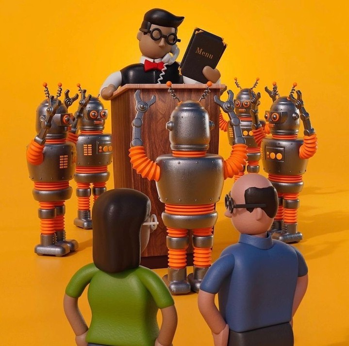 Claymation-style image of a group of robots listening to a man in formalwear at a podium, while two people watch from the foreground.