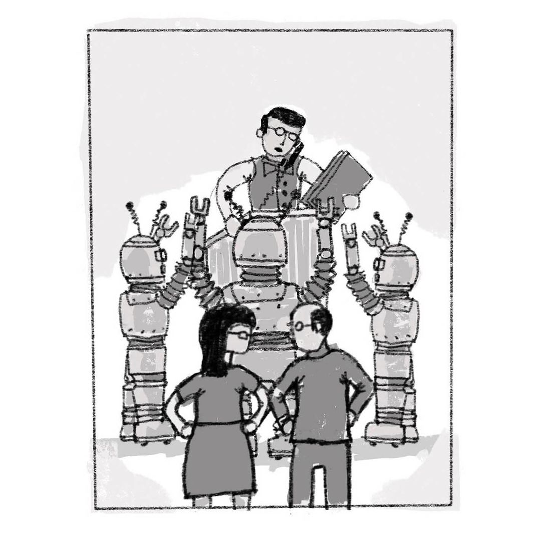 Whimsical cartoon illustration of three robots, a bespectacled man with paperwork, and a couple, all rendered in grayscale tones.