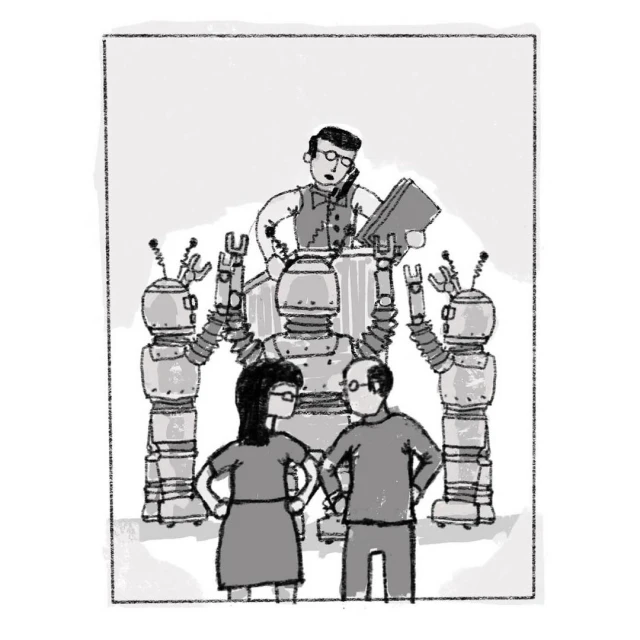 Whimsical cartoon illustration of three robots, a bespectacled man with paperwork, and a couple, all rendered in grayscale tones.